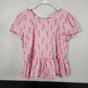 Crown and Ivy blouse pink White Stripe parrots Bows In Back Ruffle Hem XXL Plus